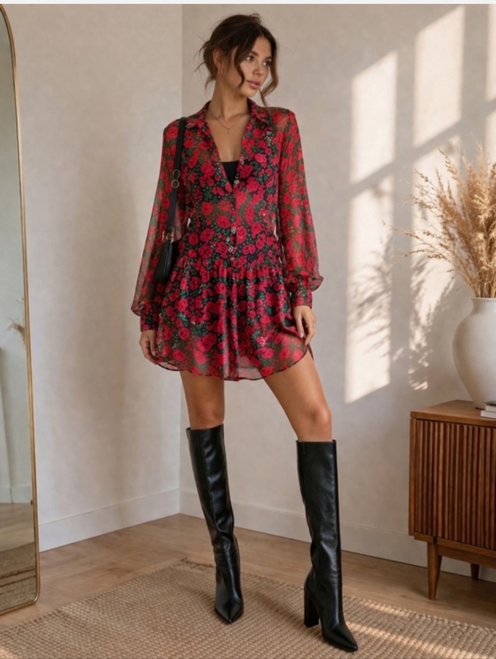 Nasty Gal floral sheer button mini dress – size 6